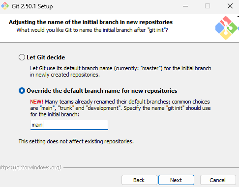 Instalador do Git no Windows com etapa de configuração do nome padrão da branch