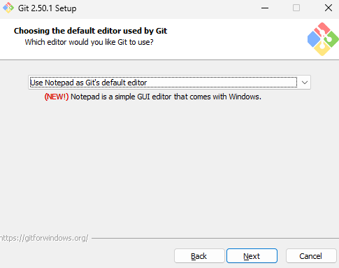 Instalador do Git no Windows com etapa de seleção de editor padrão